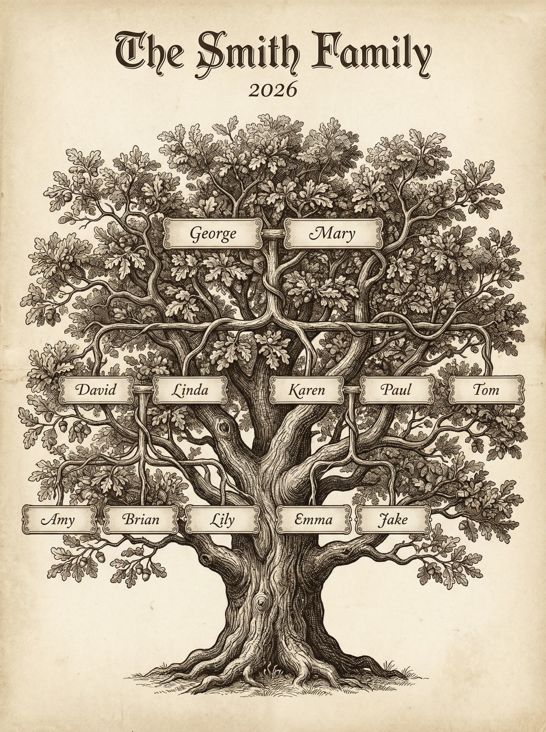 Example family tree artwork with illustrated portraits connected by branches